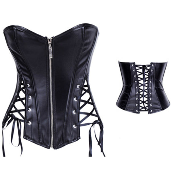 Black Zipper Down Leather Overbust Corset